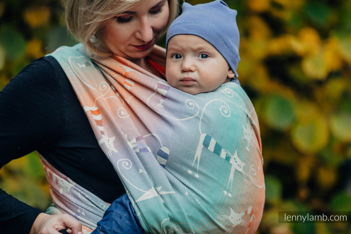 Żakardowa chusta do noszenia dzieci, bawełna - FIGLARNE KOTY  - rozmiar XL (drugi gatunek) #babywearing