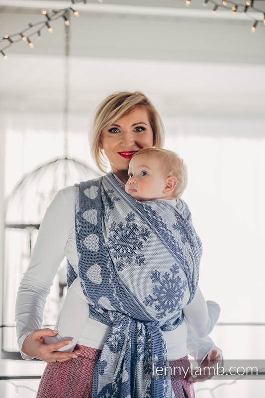 Baby Wrap, Jacquard Weave (80% cotton, 20% merino wool) - WARM HEARTS NAVY BLUE & WHITE - size XL #babywearing