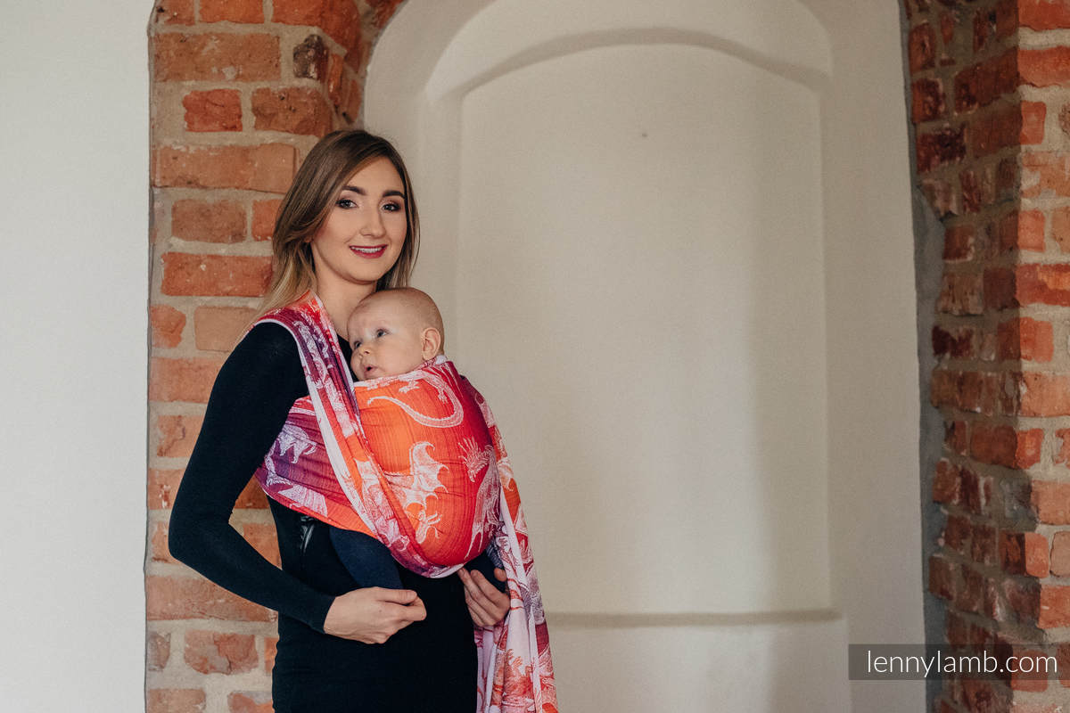 Żakardowa chusta do noszenia dzieci, bawełna - DRAGON POMARAŃCZOWY Z CZERWONYM - rozmiar XS #babywearing