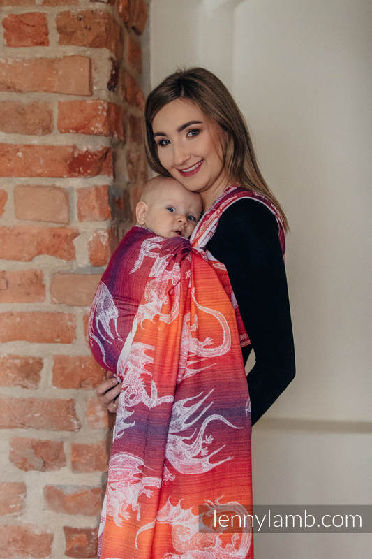 Żakardowa chusta do noszenia dzieci, bawełna - DRAGON POMARAŃCZOWY Z CZERWONYM - rozmiar XS #babywearing