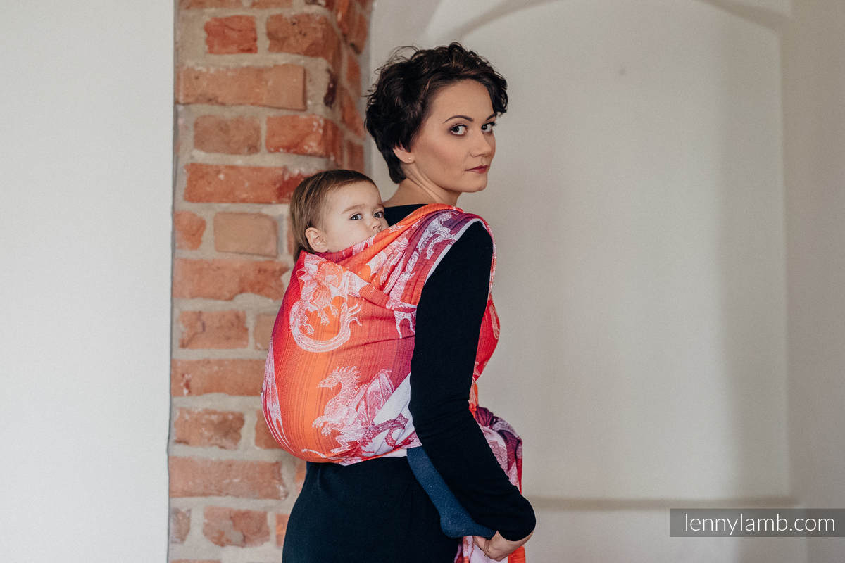 Żakardowa chusta do noszenia dzieci, bawełna - DRAGON POMARAŃCZOWY Z CZERWONYM - rozmiar L #babywearing