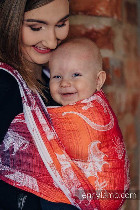 Żakardowa chusta do noszenia dzieci, bawełna - DRAGON POMARAŃCZOWY Z CZERWONYM - rozmiar S (drugi gatunek) #babywearing