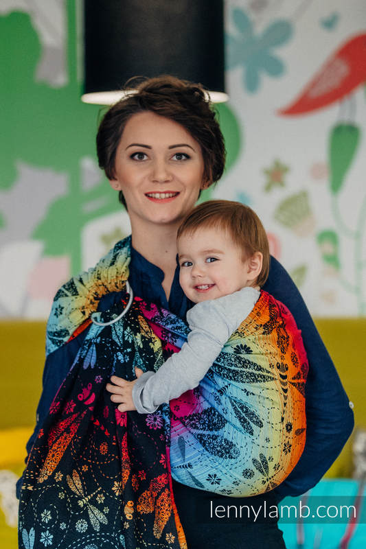Ringsling, Jacquard Weave (100% cotton) with gathered shoulder - DRAGONFLY RAINBOW DARK  - standard 1.8m #babywearing