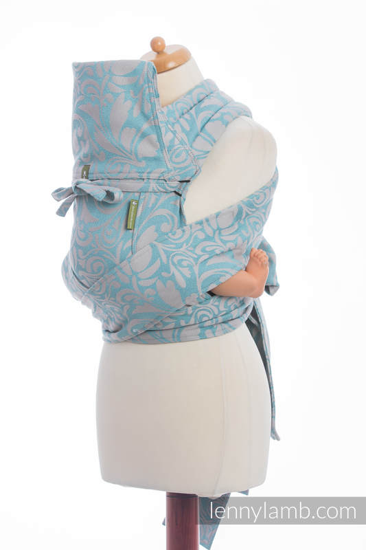 Nosidełko dla dzieci MEI-TAI Toddler z kapturkiem, 60% Bawełna 28% Len 12% Jedwab Tussah, splot żakardowy, ZAKRĘCONE LIŚCIE SZARY Z TURKUSEM #babywearing