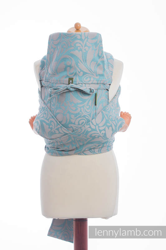 Nosidełko dla dzieci MEI-TAI Toddler z kapturkiem, 60% Bawełna 28% Len 12% Jedwab Tussah, splot żakardowy, ZAKRĘCONE LIŚCIE SZARY Z TURKUSEM #babywearing