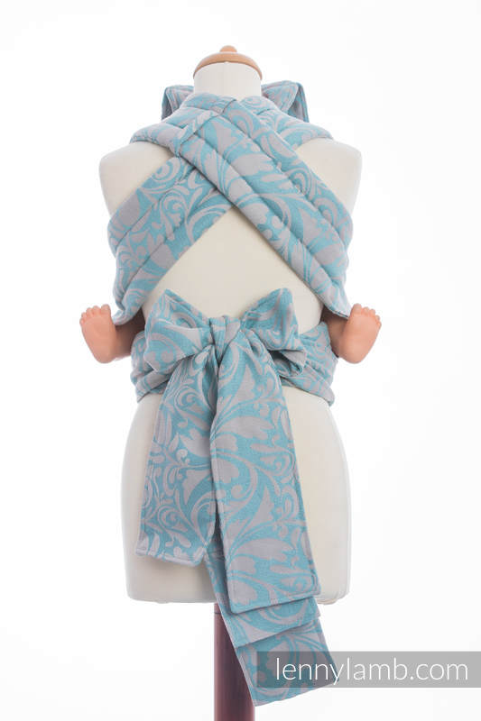 Nosidełko dla dzieci MEI-TAI Toddler z kapturkiem, 60% Bawełna 28% Len 12% Jedwab Tussah, splot żakardowy, ZAKRĘCONE LIŚCIE SZARY Z TURKUSEM #babywearing