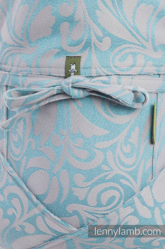 Nosidełko dla dzieci MEI-TAI Toddler z kapturkiem, 60% Bawełna 28% Len 12% Jedwab Tussah, splot żakardowy, ZAKRĘCONE LIŚCIE SZARY Z TURKUSEM #babywearing