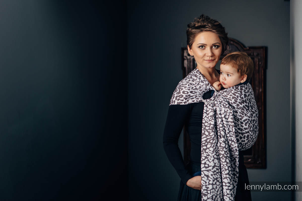 Żakardowa chusta kółkowa do noszenia dzieci, bawełna, ramię bez zakładek - GEPARD CIEMNY BRĄZ Z BIAŁYM - long 2.1m #babywearing