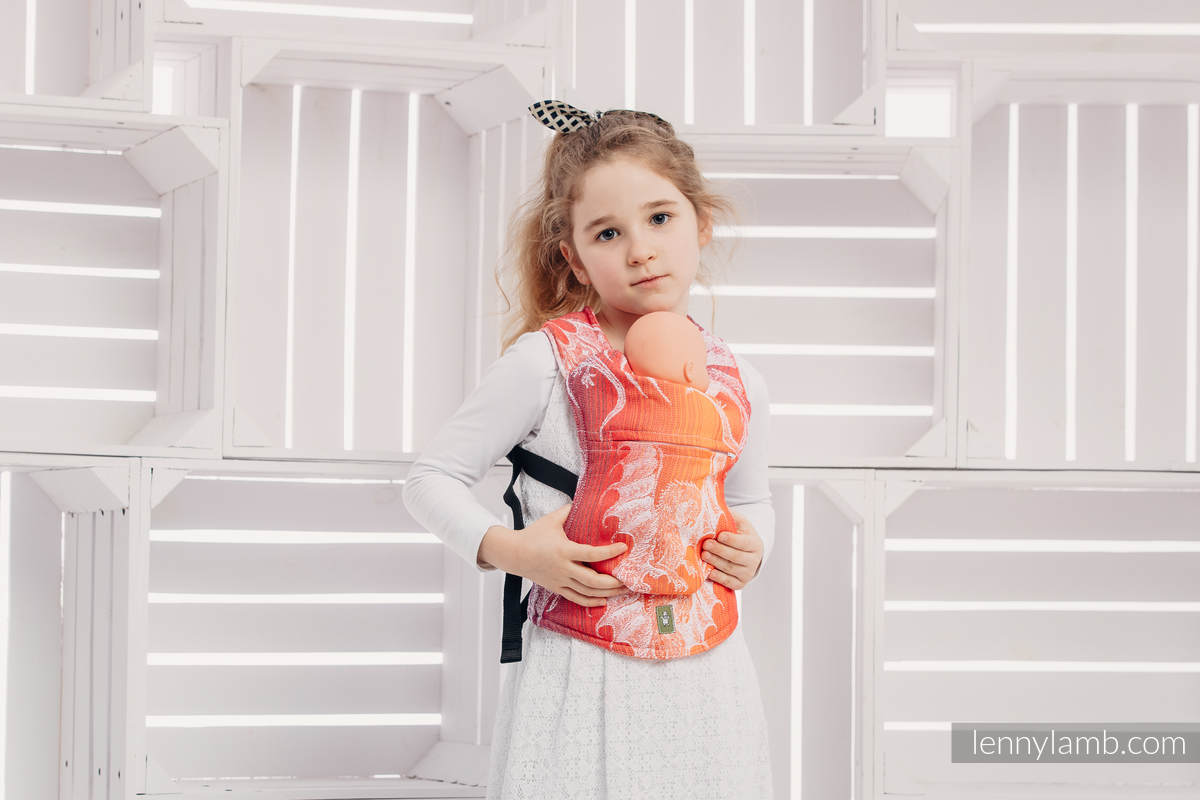 Mochila portamuñecos hecha de tejido, 100% algodón - DRAGON NARANJA & ROJO  #babywearing