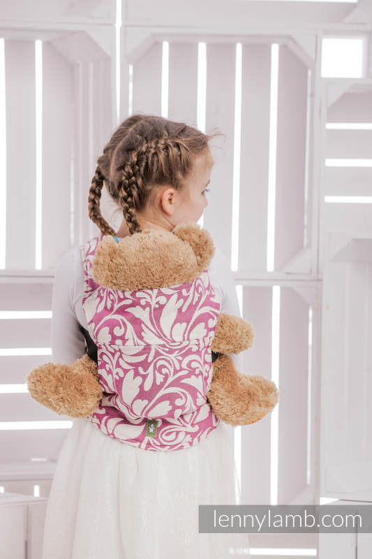 Mochila portamuñecos hecha de tejido, 100% algodón - TWISTED LEAVES CREAM & MORADO #babywearing