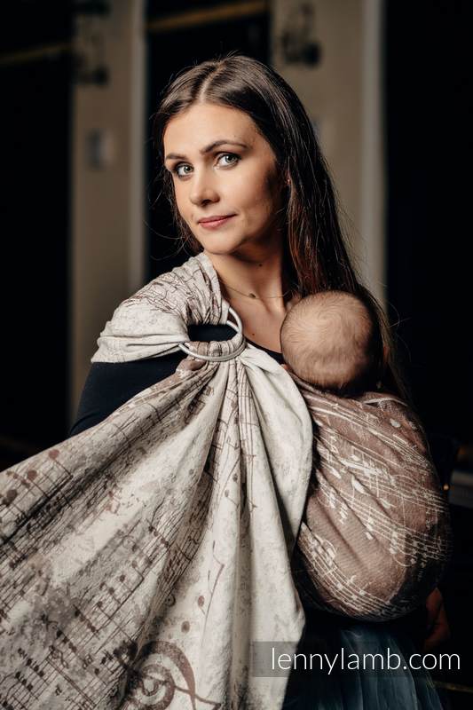 Żakardowa chusta kółkowa do noszenia dzieci, bawełna, ramię bez zakładek - SYMFONIA KREM Z BRĄZEM  - long 2.1m #babywearing