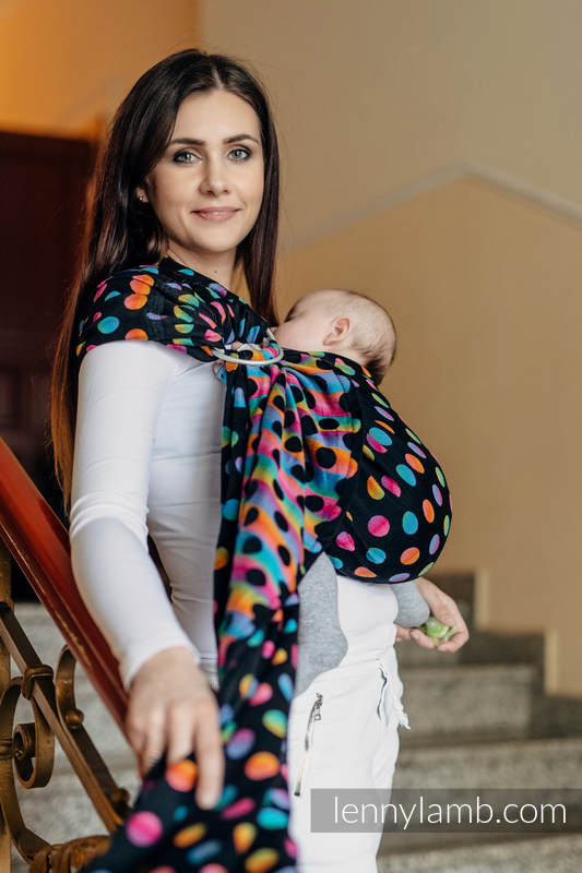 Żakardowa chusta kółkowa do noszenia dzieci, bawełna, ramię bez zakładek - POLKA DOTS TĘCZOWE DARK - long 2.1m (drugi gatunek) #babywearing