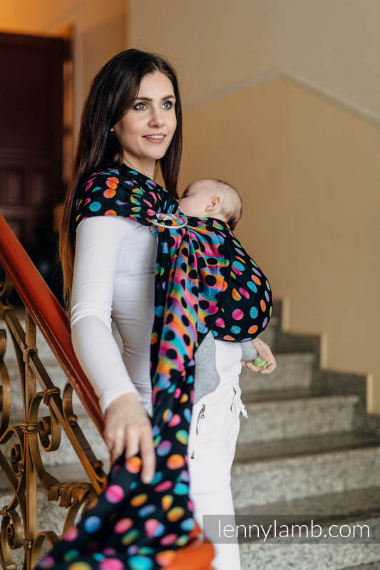 Żakardowa chusta kółkowa do noszenia dzieci, bawełna, ramię bez zakładek - POLKA DOTS TĘCZOWE DARK  - long 2.1m #babywearing