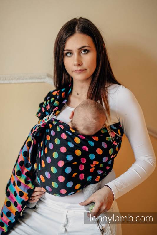 Żakardowa chusta kółkowa do noszenia dzieci, bawełna, ramię bez zakładek - POLKA DOTS TĘCZOWE DARK  - long 2.1m #babywearing