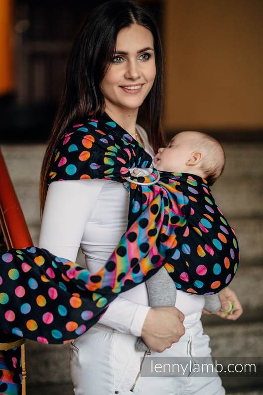 Żakardowa chusta kółkowa do noszenia dzieci, bawełna, ramię bez zakładek - POLKA DOTS TĘCZOWE DARK - long 2.1m (drugi gatunek) #babywearing