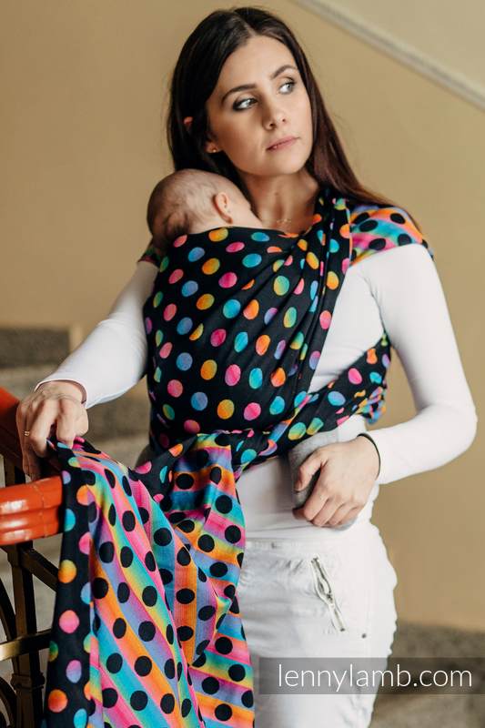 Baby Wrap, Jacquard Weave (100% cotton) - POLKA DOTS RAINBOW DARK - size S #babywearing