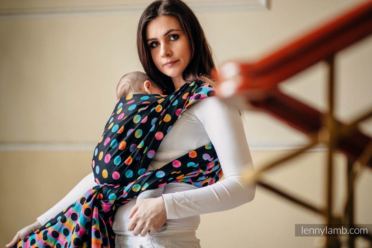 Żakardowa chusta do noszenia dzieci, bawełna - POLKA DOTS TĘCZOWE DARK - rozmiar L #babywearing
