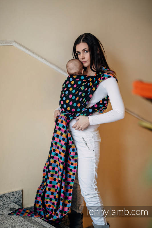 Baby Wrap, Jacquard Weave (100% cotton) - POLKA DOTS RAINBOW DARK - size XL (grade B) #babywearing