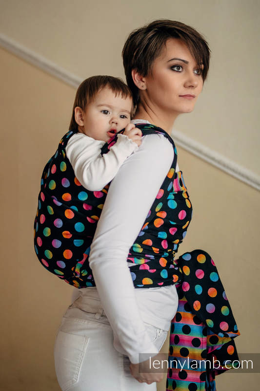 Żakardowa chusta do noszenia dzieci, bawełna - POLKA DOTS TĘCZOWE DARK - rozmiar XS (drugi gatunek) #babywearing