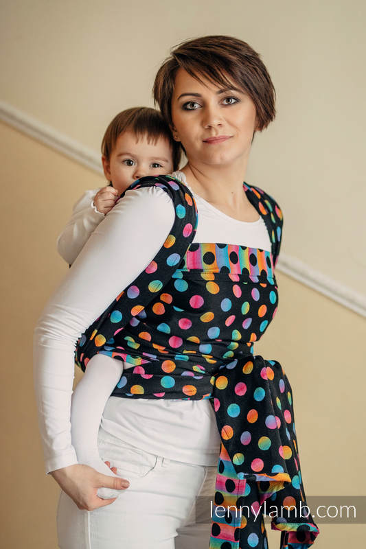 Żakardowa chusta do noszenia dzieci, bawełna - POLKA DOTS TĘCZOWE DARK - rozmiar XS #babywearing