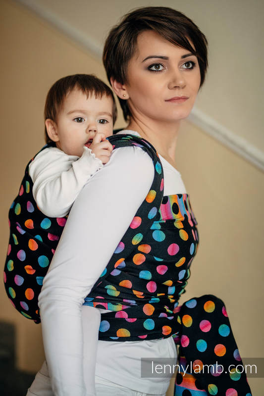 Żakardowa chusta do noszenia dzieci, bawełna - POLKA DOTS TĘCZOWE DARK - rozmiar XL (drugi gatunek) #babywearing