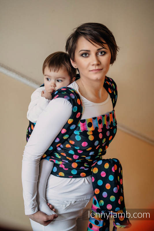 Żakardowa chusta do noszenia dzieci, bawełna - POLKA DOTS TĘCZOWE DARK - rozmiar XS #babywearing