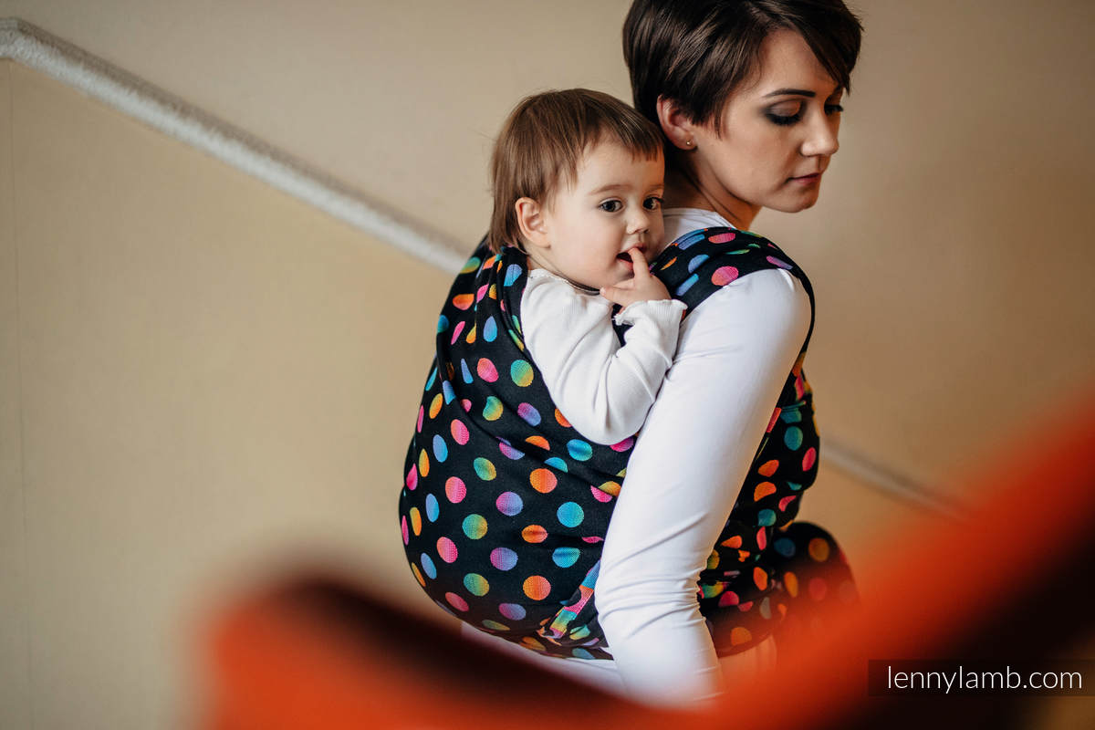 Żakardowa chusta do noszenia dzieci, bawełna - POLKA DOTS TĘCZOWE DARK - rozmiar XL (drugi gatunek) #babywearing