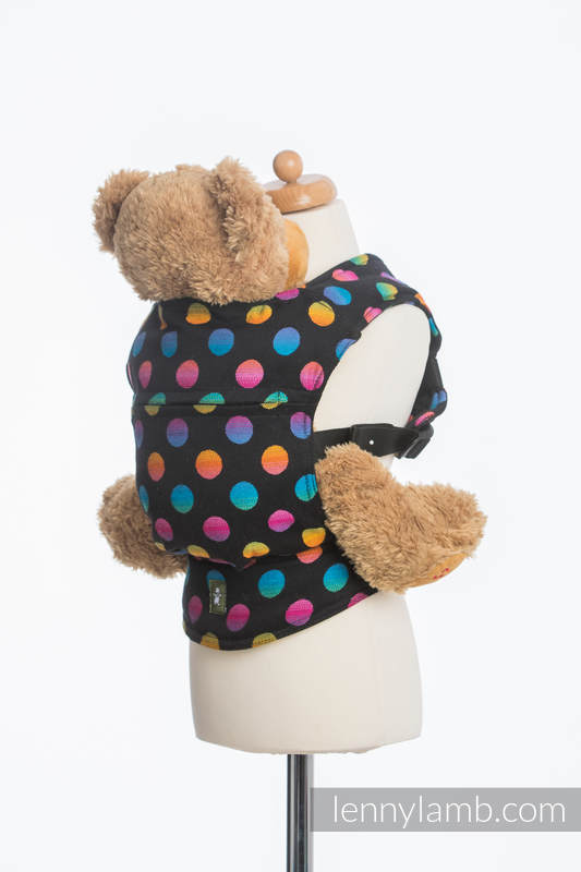Nosidełko dla lalek z tkaniny chustowej - POLKA DOTS TĘCZOWE DARK  #babywearing