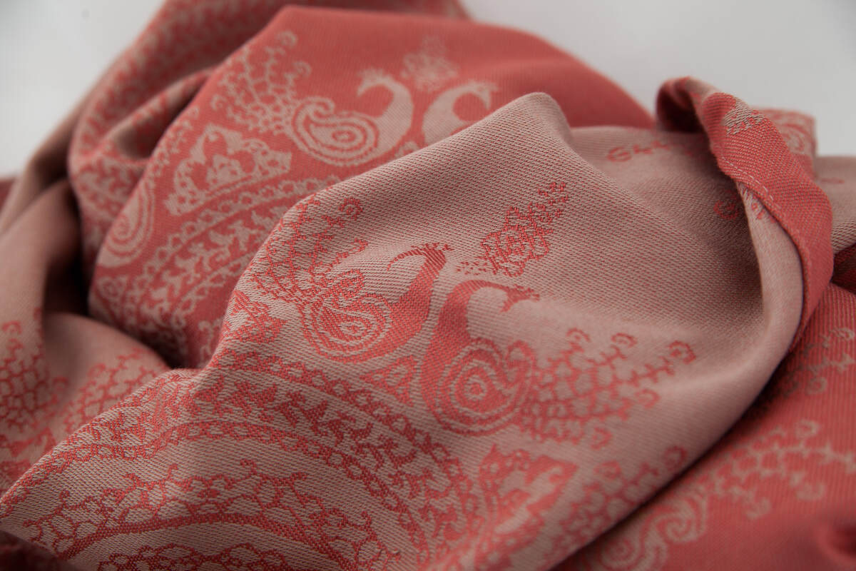 Żakardowa chusta do noszenia dzieci, 60% bawełna, 40% bambus - Paw Indyjski - Koral z Kawą - rozmiar M #babywearing