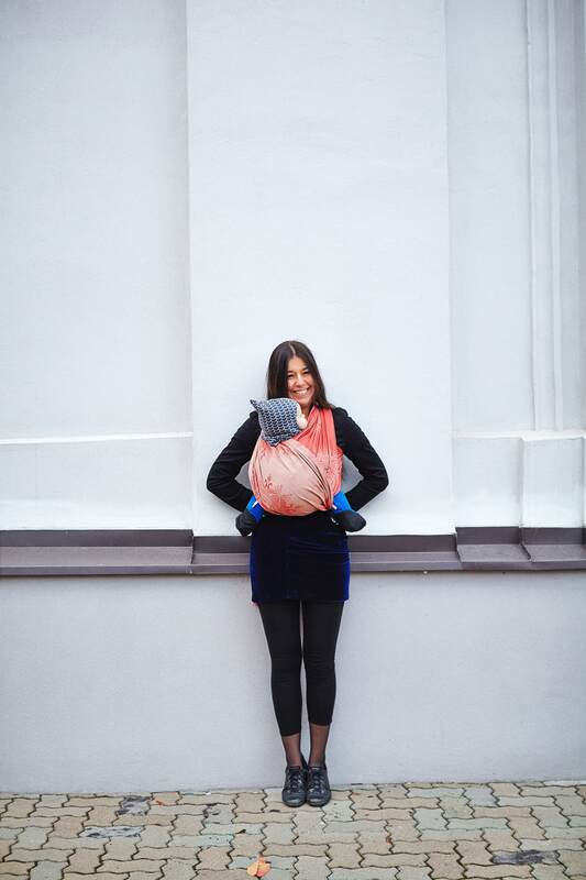 Żakardowa chusta do noszenia dzieci, 60% bawełna, 40% bambus - Paw Indyjski - Koral z Kawą - rozmiar M #babywearing