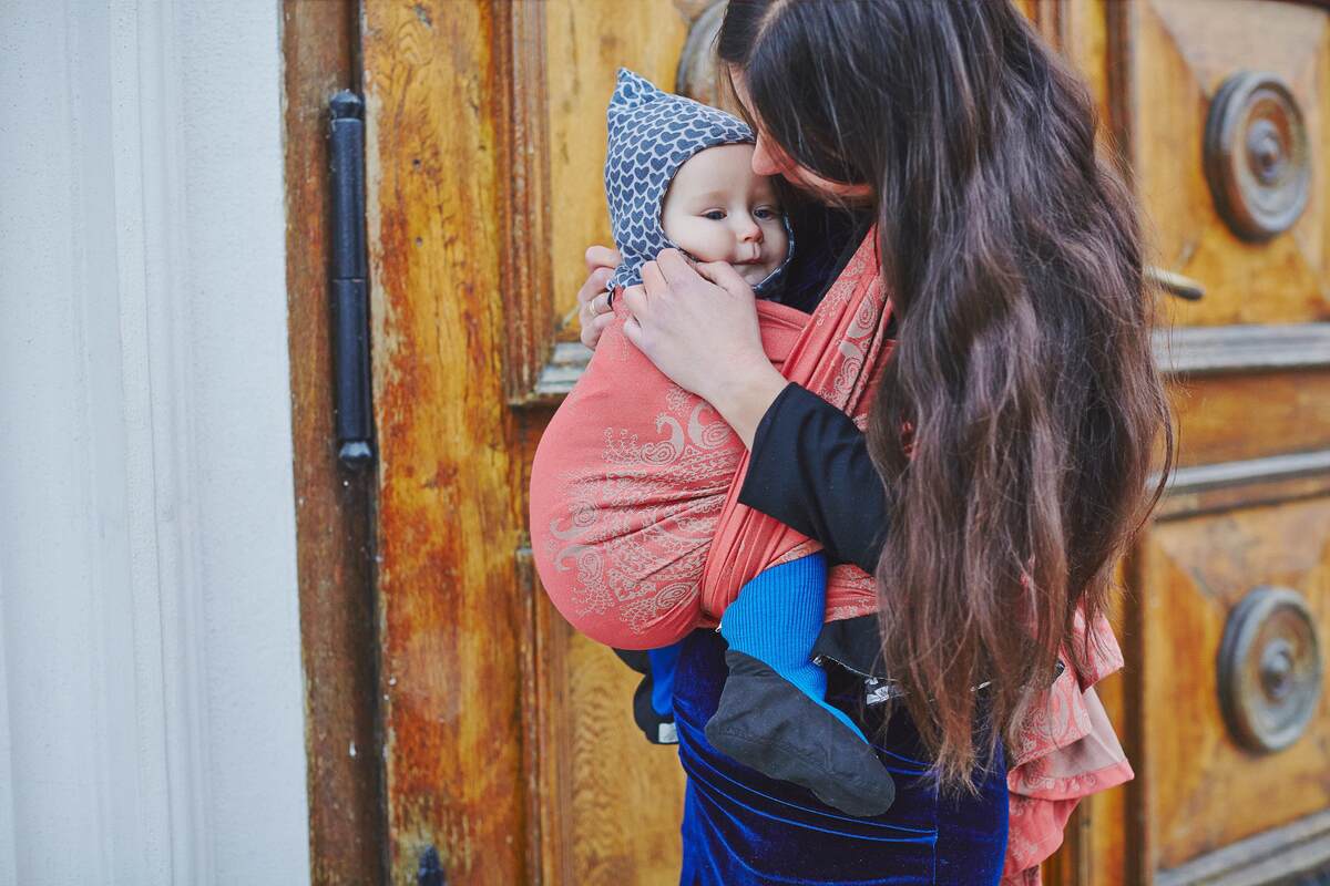 Żakardowa chusta do noszenia dzieci, 60% bawełna, 40% bambus - Paw Indyjski - Koral z Kawą - rozmiar M #babywearing