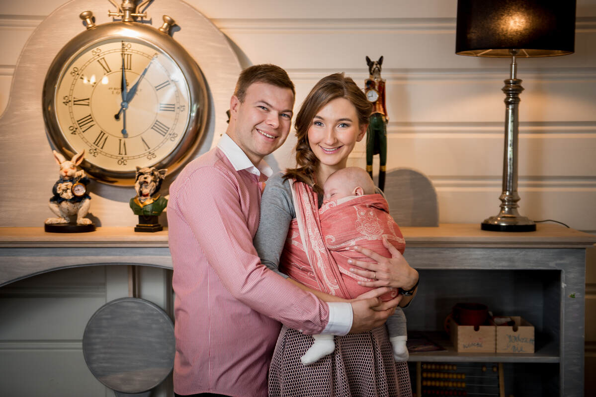 Baby Wrap, Jacquard Weave (60% cotton, 40% bamboo) - Bubo Owls Coral & White - size S #babywearing