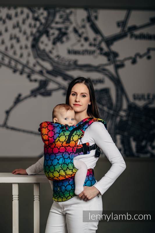 Mochila ergonómica, talla Toddler, jacquard 100% algodón - RAINBOW STARS DARK - Segunda generación #babywearing