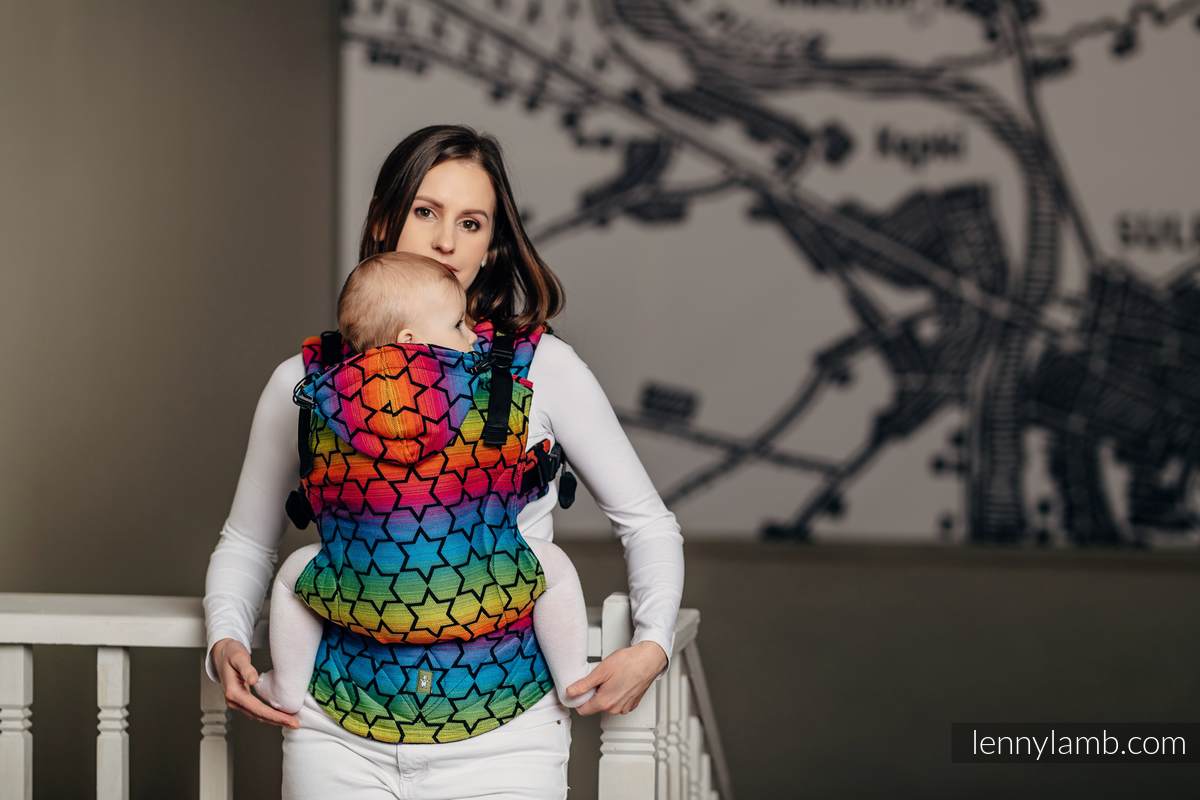 Nosidełko Ergonomiczne z tkaniny żakardowej 100% bawełna , Toddler Size, TĘCZOWE GWIAZDKI DARK - Druga Generacja #babywearing