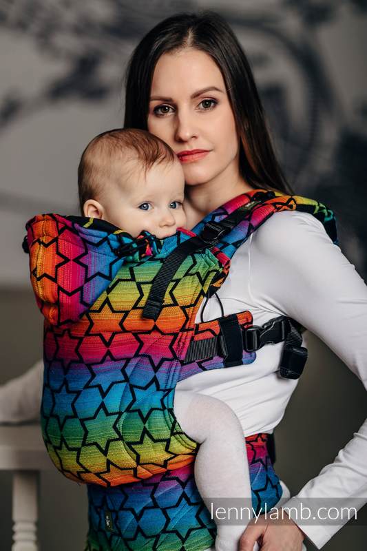 Porte-bébé ergonomique, taille toddler, jacquard 100 % coton, RAINBOW STARS DARK - Deuxième génération #babywearing