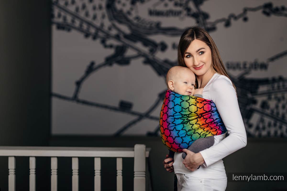 Żakardowa chusta kółkowa do noszenia dzieci, bawełna - TĘCZOWE GWIAZDKI DARK - long 2.1m #babywearing