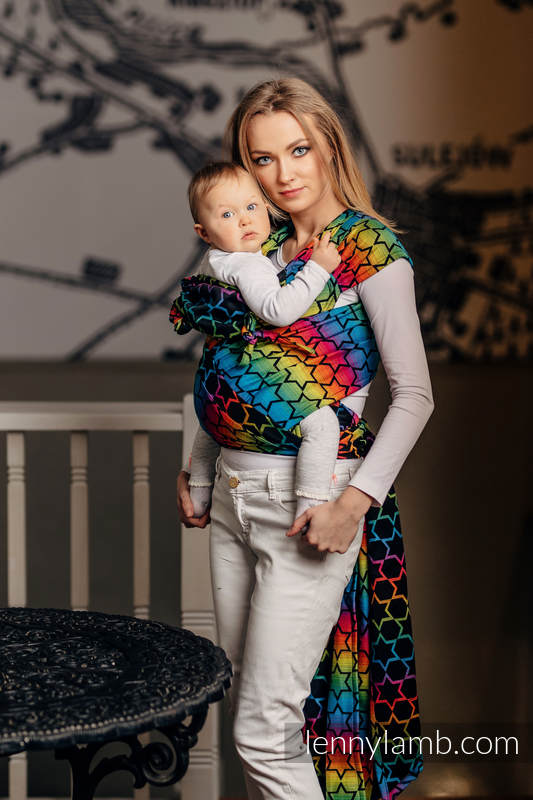 WRAP-TAI portabebé Toddler con capucha/ jacquard sarga/100% algodón/ RAINBOW STARS DARK #babywearing