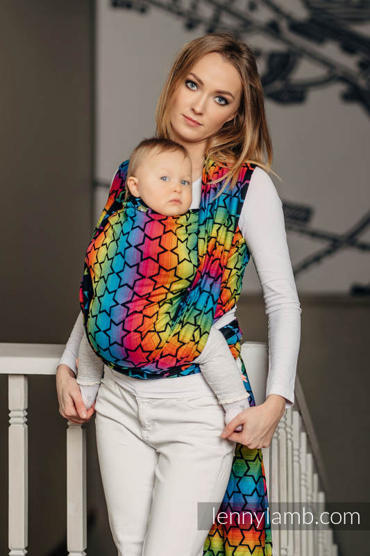Żakardowa chusta do noszenia dzieci, bawełna - TĘCZOWE GWIAZDKI DARK - rozmiar S #babywearing