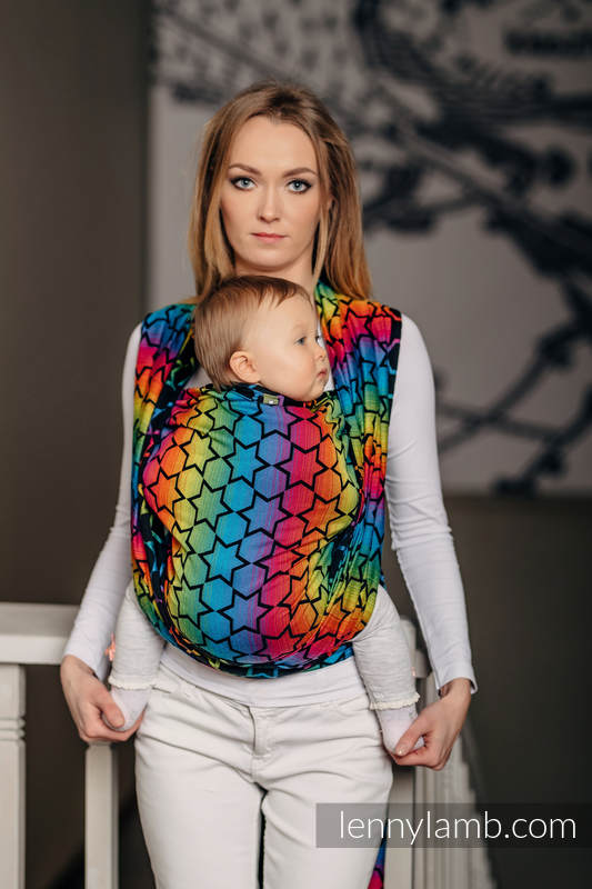 Żakardowa chusta do noszenia dzieci, bawełna - TĘCZOWE GWIAZDKI DARK - rozmiar M #babywearing