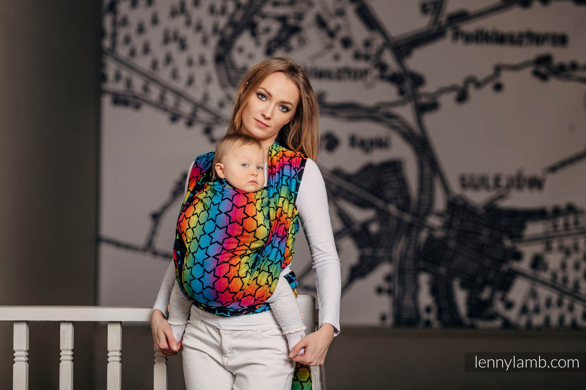 Baby Wrap, Jacquard Weave (100% cotton) - RAINBOW STARS DARK - size XL #babywearing