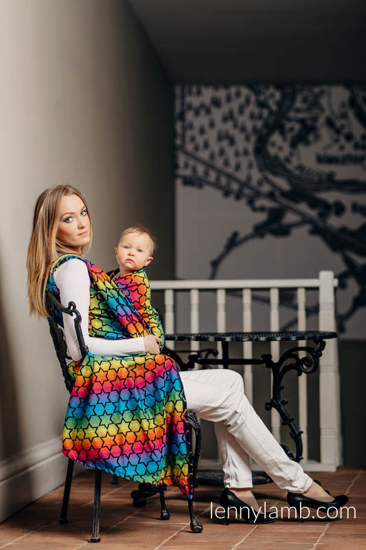 Żakardowa chusta do noszenia dzieci, bawełna - TĘCZOWE GWIAZDKI DARK - rozmiar XS #babywearing