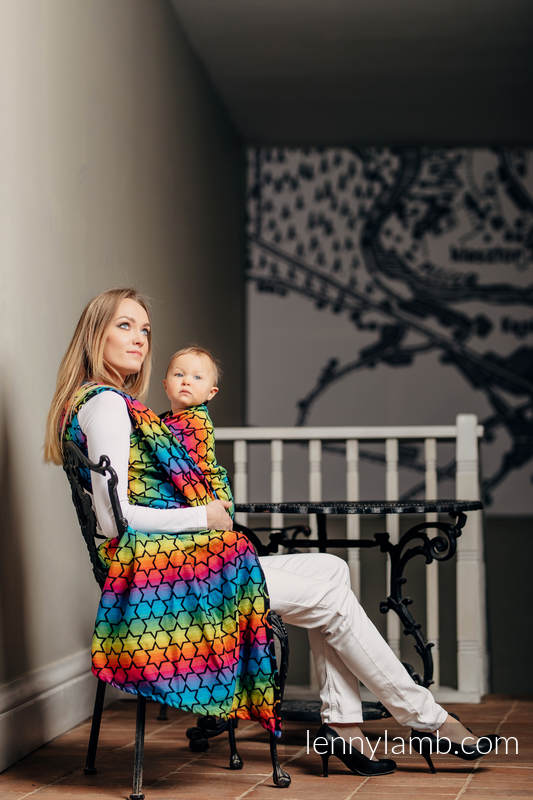 Żakardowa chusta do noszenia dzieci, bawełna - TĘCZOWE GWIAZDKI DARK - rozmiar L (drugi gatunek) #babywearing