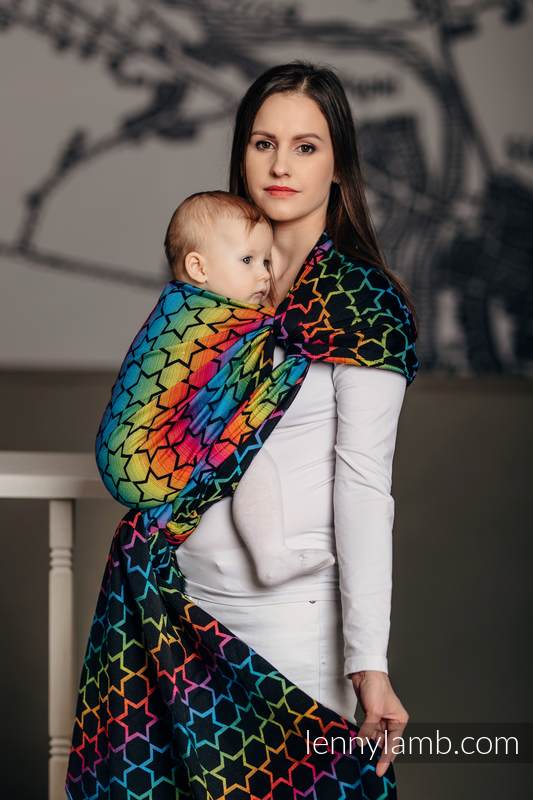 Żakardowa chusta do noszenia dzieci, bawełna - TĘCZOWE GWIAZDKI DARK - rozmiar M #babywearing