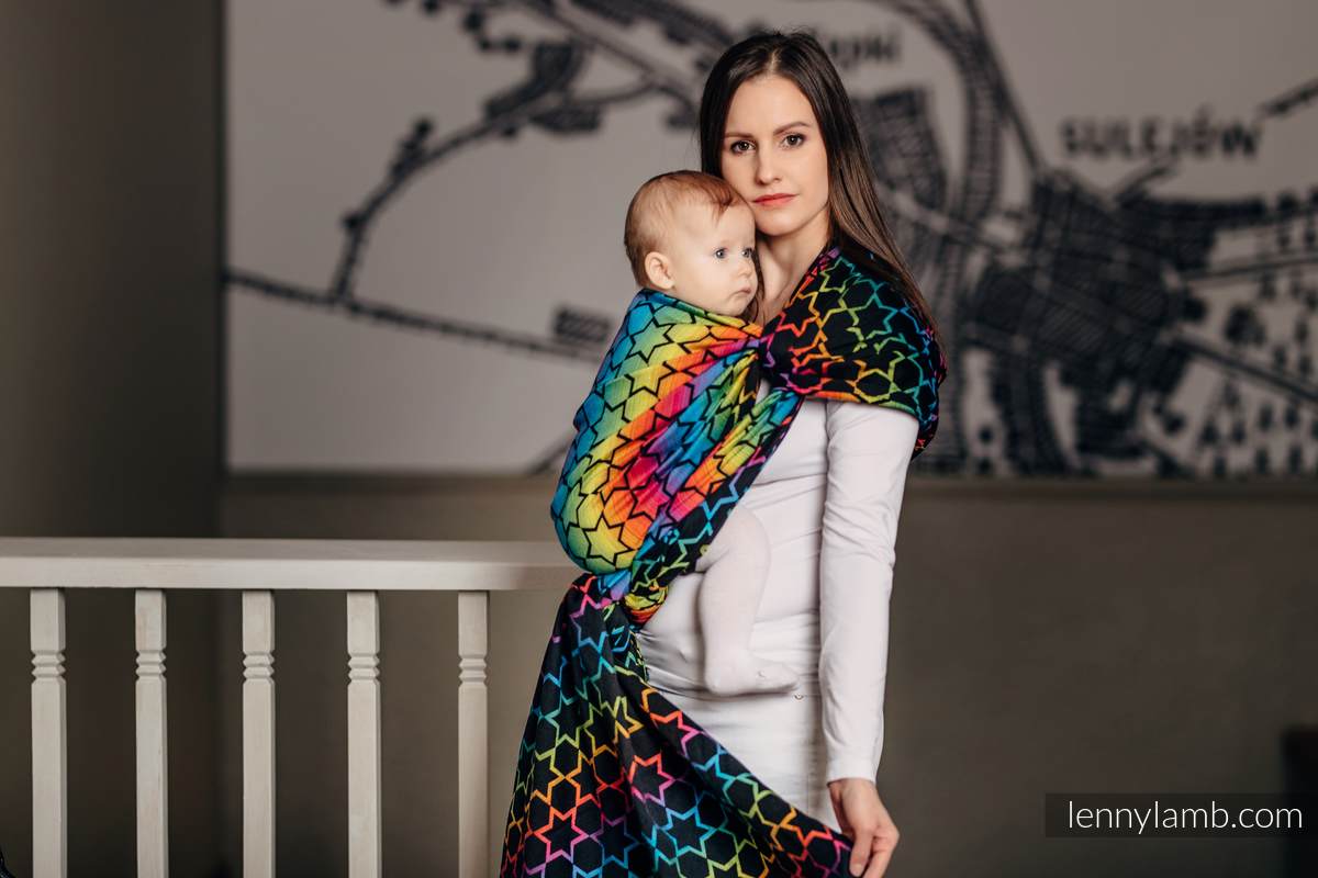 Baby Wrap, Jacquard Weave (100% cotton) - RAINBOW STARS DARK - size XS #babywearing