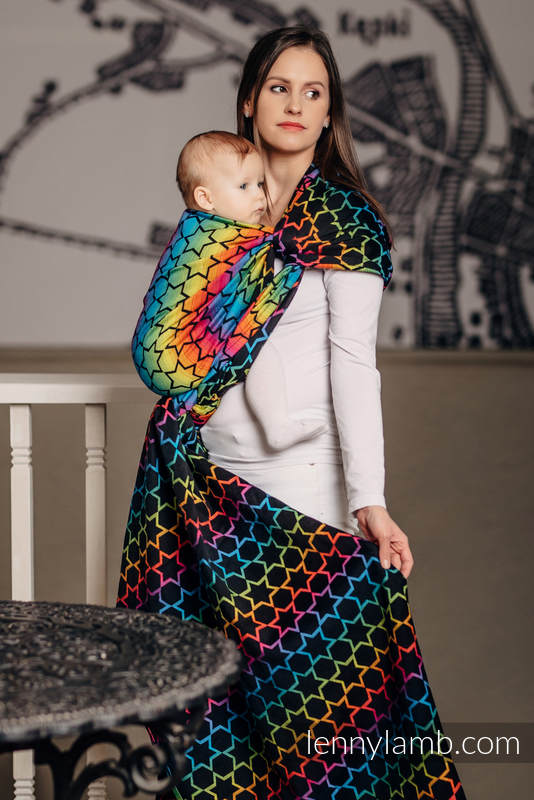 Żakardowa chusta do noszenia dzieci, bawełna - TĘCZOWE GWIAZDKI DARK - rozmiar M (drugi gatunek) #babywearing