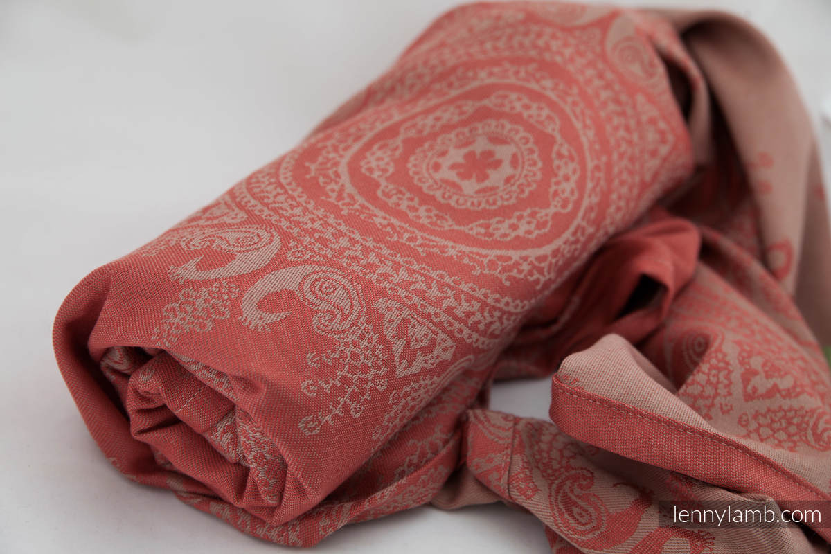Żakardowa chusta do noszenia dzieci, 60% bawełna, 40% bambus - Paw Indyjski - Koral z Kawą - rozmiar S #babywearing