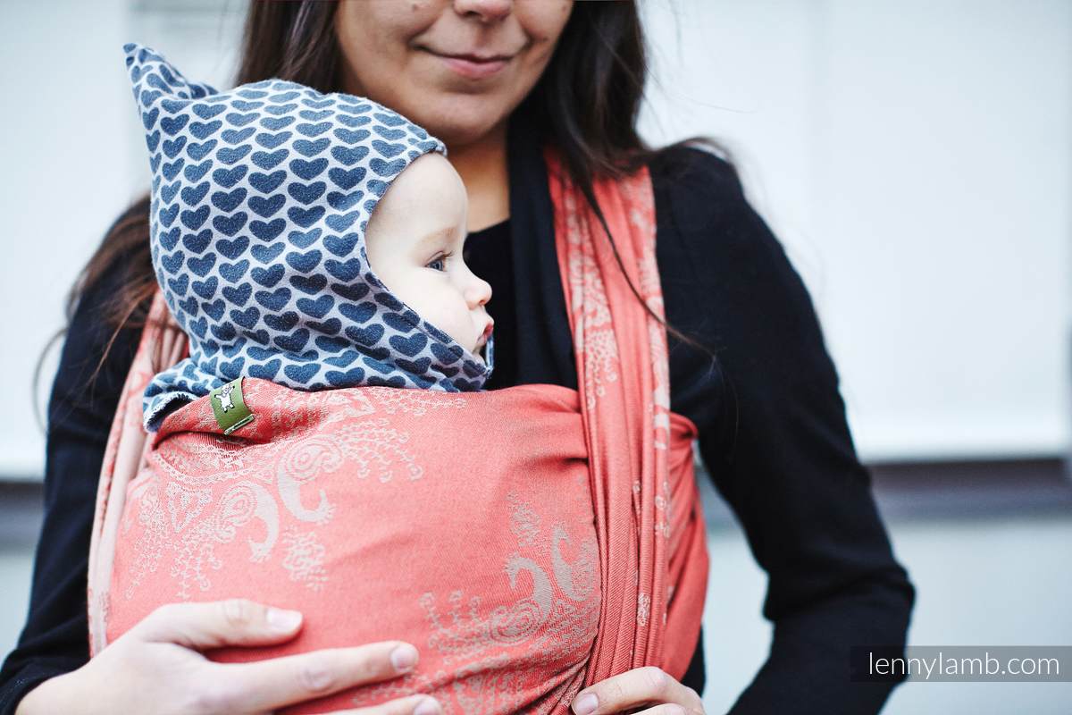 Żakardowa chusta do noszenia dzieci, 60% bawełna, 40% bambus - Paw Indyjski - Koral z Kawą - rozmiar S #babywearing
