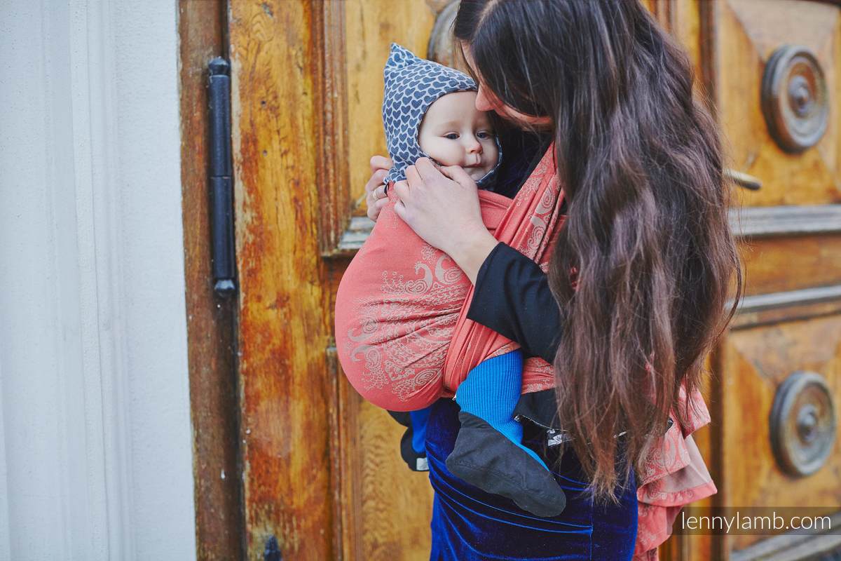 Żakardowa chusta do noszenia dzieci, 60% bawełna, 40% bambus - Paw Indyjski - Koral z Kawą - rozmiar S #babywearing