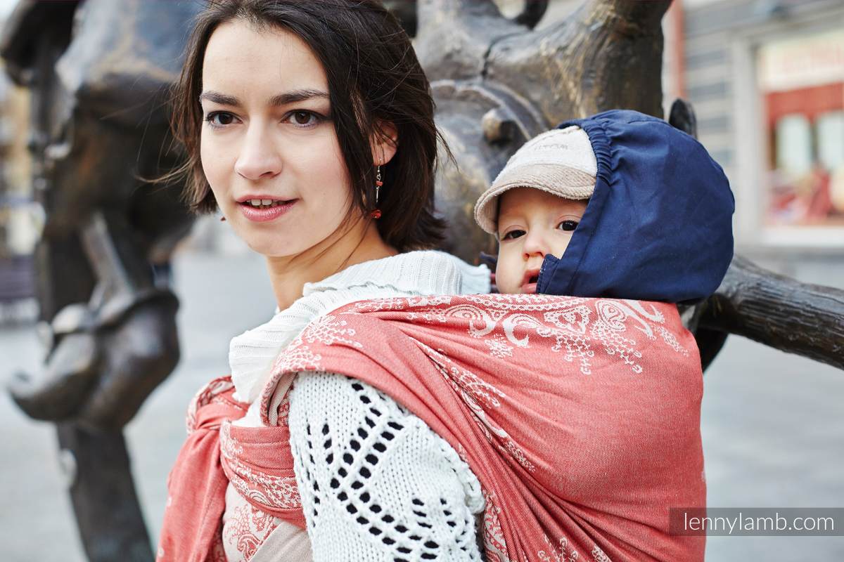 Baby Wrap, Jacquard Weave (60% cotton, 40% bamboo) - Indian Peacock - Coral&White - size S #babywearing