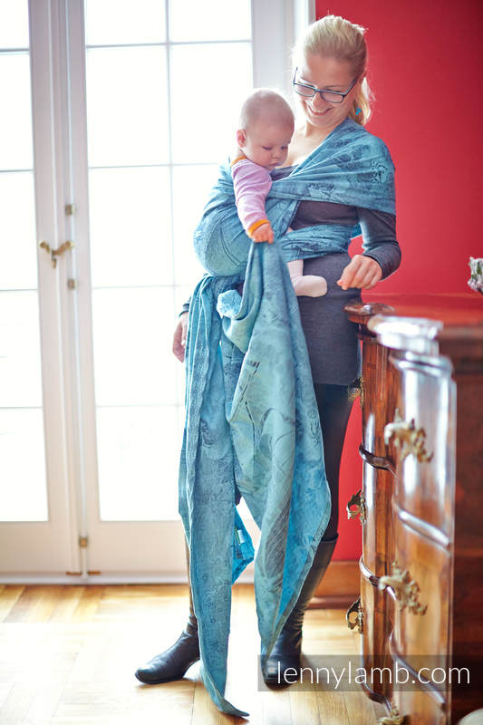 Żakardowa chusta do noszenia dzieci, 60% bawełna, 40% bambus - Galeony Turkus z Czernią - rozmiar XS #babywearing